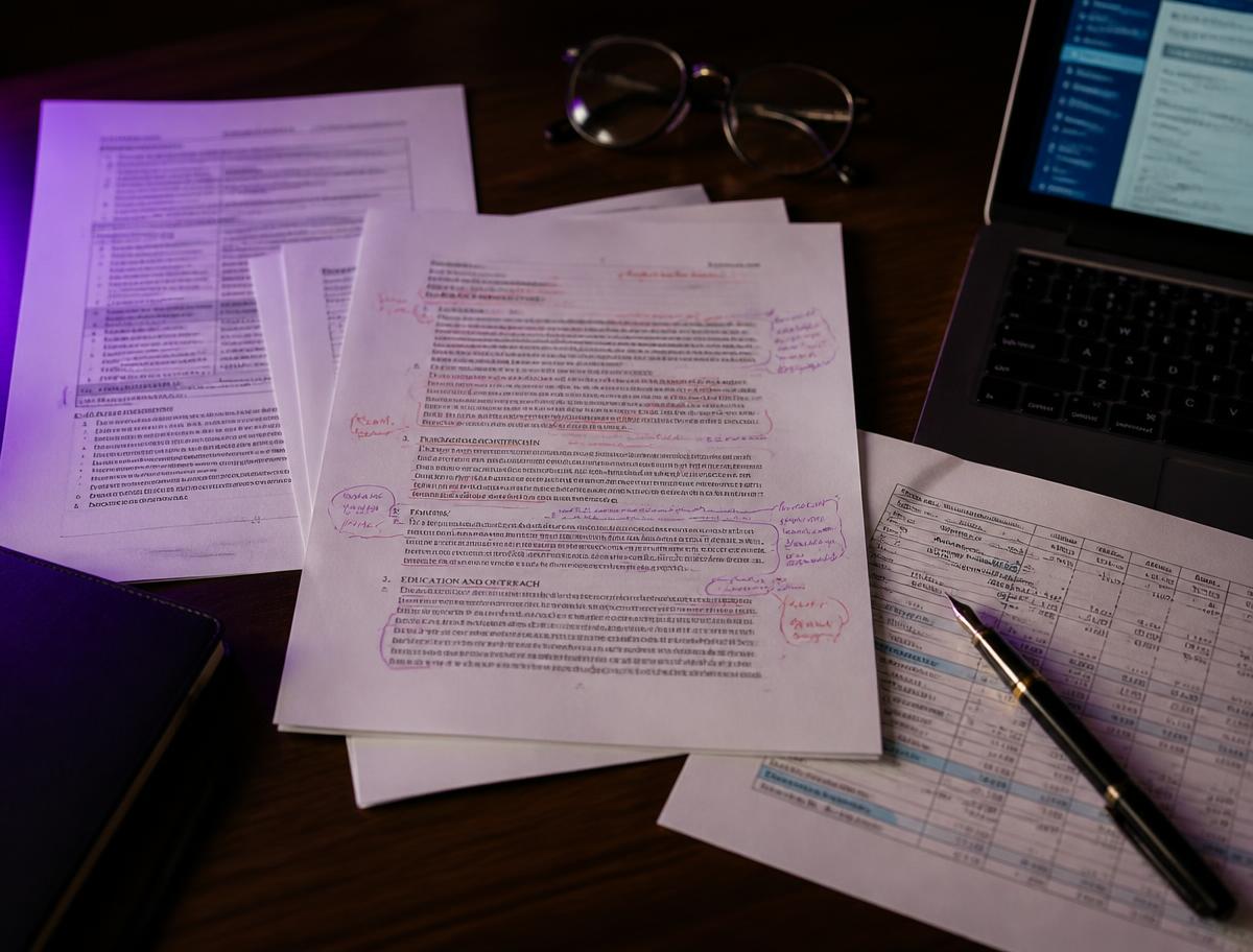 Marked-up federal grant application pages, budget spreadsheet and submission portal on a desk